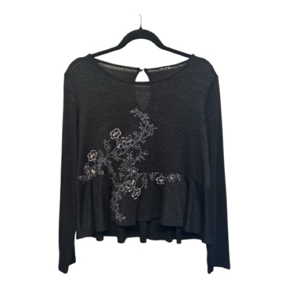 Y2K Vibes Sheer Black Peplum Blouse w/ Floral Embroidery Size Large
